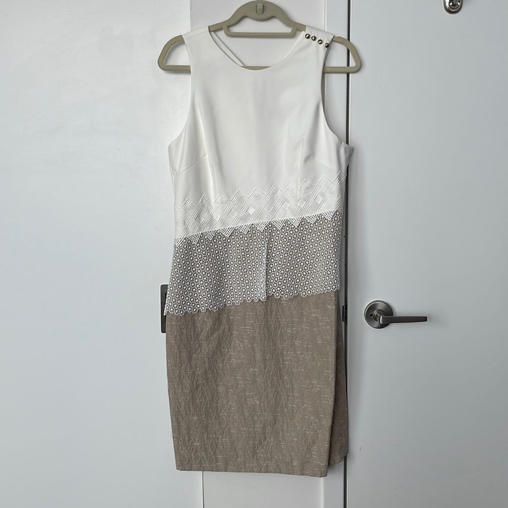 Tahari Sheath Dress, White and and Tan Color Block with Lace Overlay